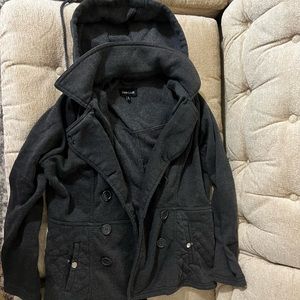 Grayish black coat with hood